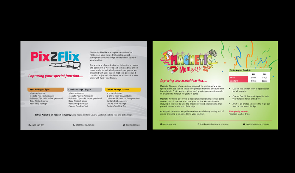 Two fliers - one for Pix2Flix, the other for Magnetic Moments.